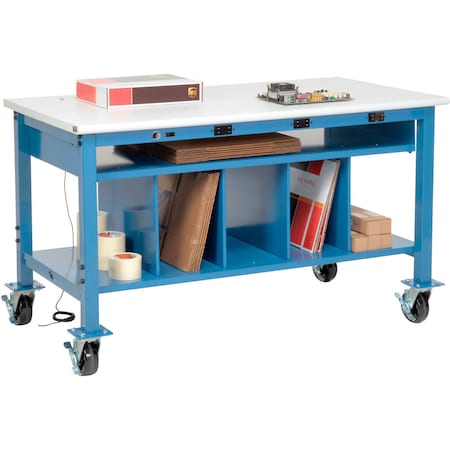 Global Industrial Mobile Packing Workbench W/Lower Shelf & Power, ESD Safety Edge, 72inW x 36inD 412475AB